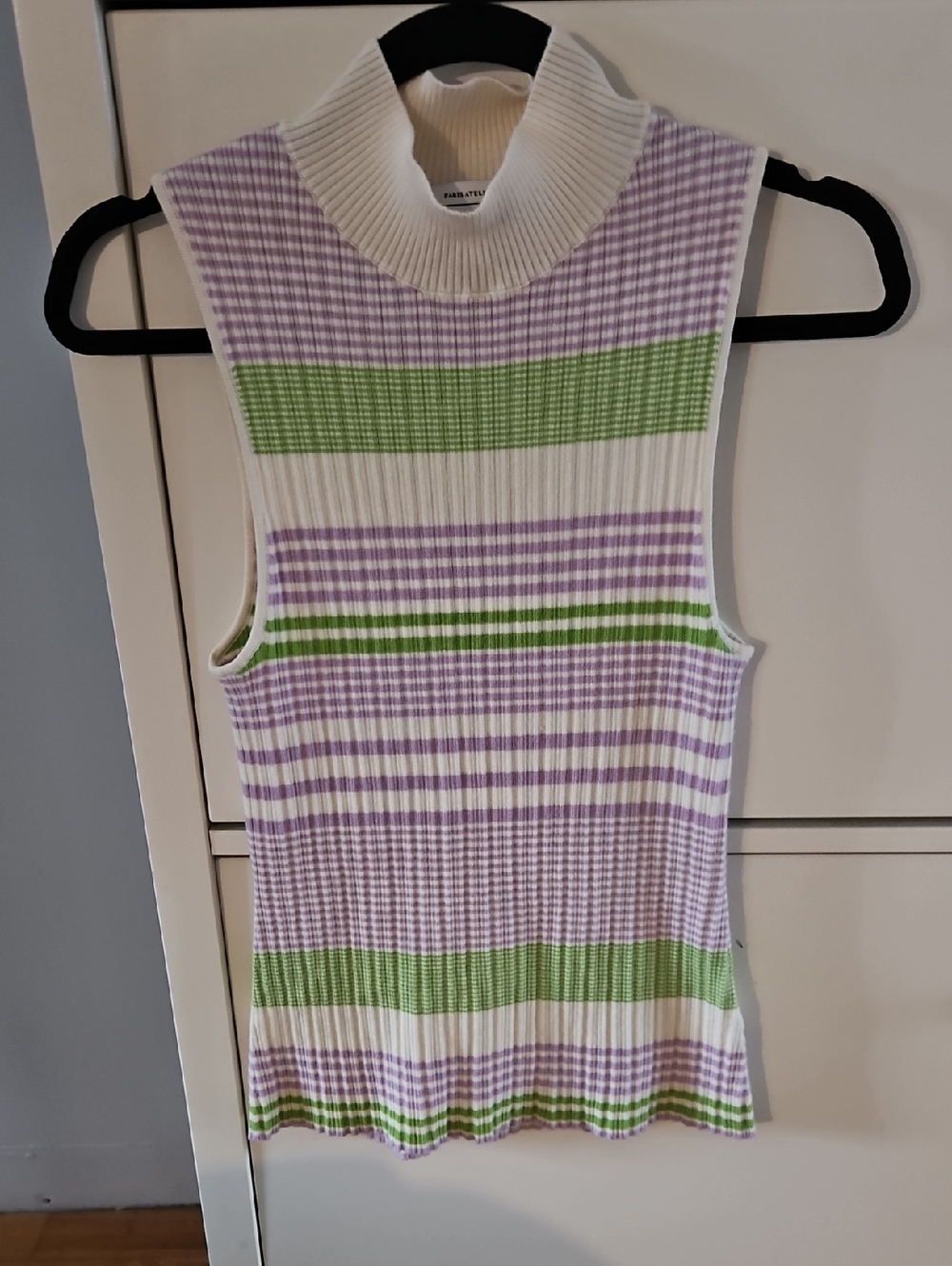 & Other Stories Striped Ribbed Mock Neck Tank Top - Lavender, Green, White Sz M